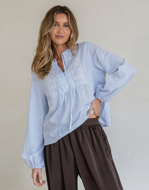 Maisie Embroidered Stripe Blouse - Blue/White