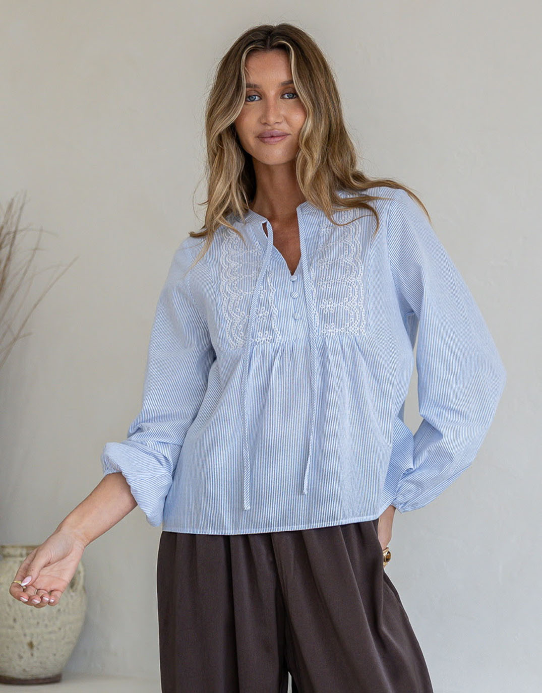 Maisie Embroidered Stripe Blouse - Blue/White
