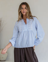 Maisie Embroidered Stripe Blouse - Blue/White