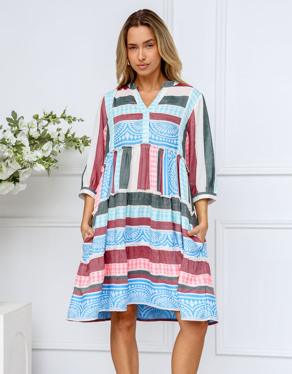 Mediterranean Dress - Blue/Pink/Charcoal