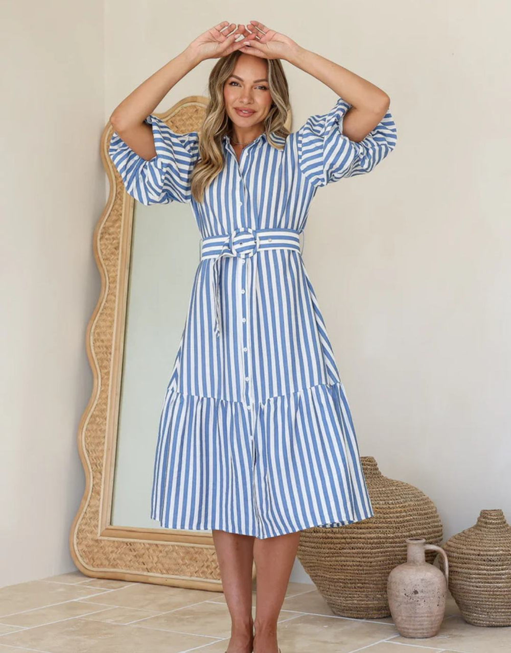 blue and white striped dress with belt Wearing an Old Favourite | A Blue Striped Summer Dress With Black Accents