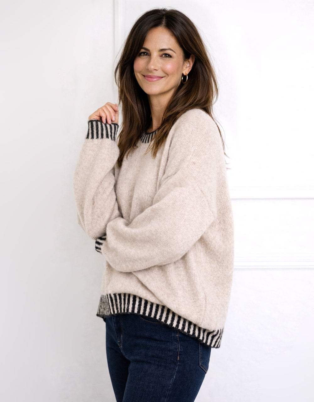 Tilly Wool Blend Crew Neck Knit - Latte/Choc