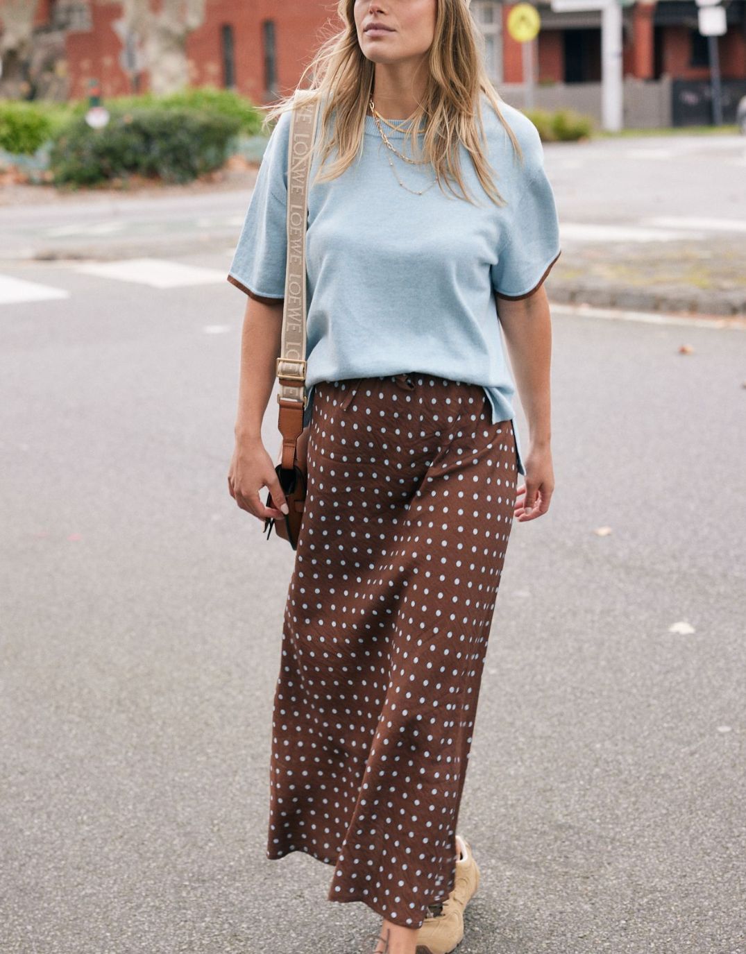 Ascot Slip Skirt - Choc/Blue Polka Dot