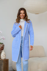 Wool Blend Blanket Stitch Coatigan - Blue/Natural