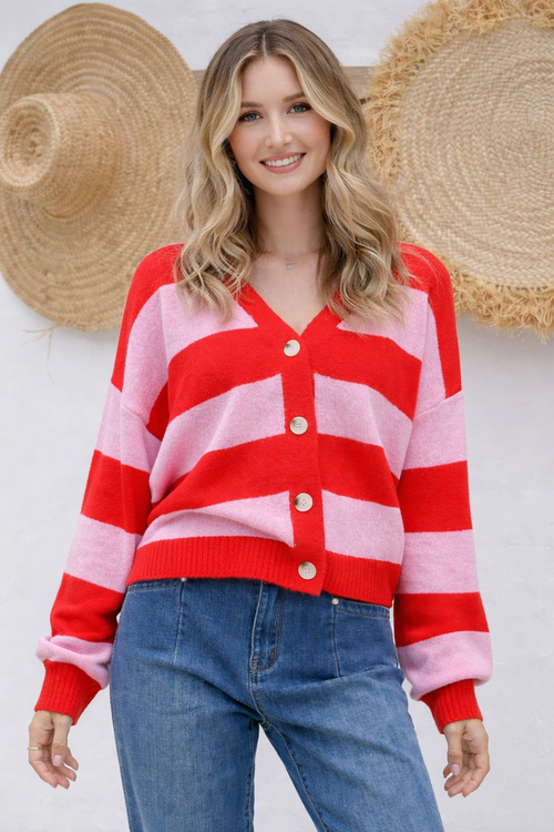 Briar Block Stripe Cardi - Red/Pink