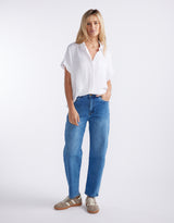 Harper Stretch Mum Barrel Jean - Mid Wash