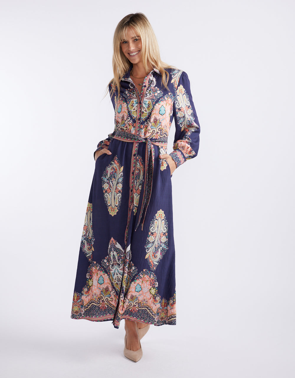 Amelie Shirt Midi Dress - Navy Print