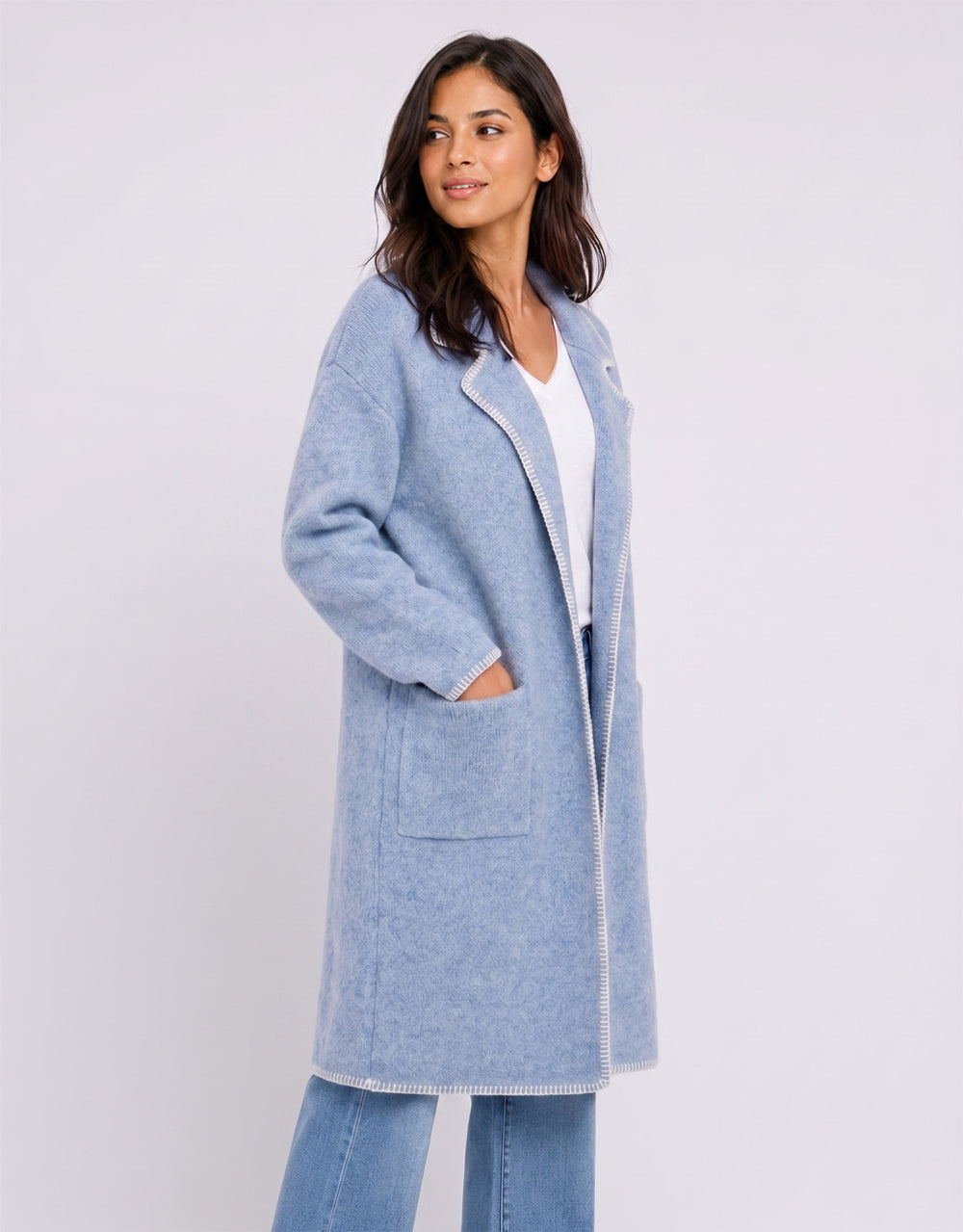 Noa Blanket Stitch Coatigan - Blue