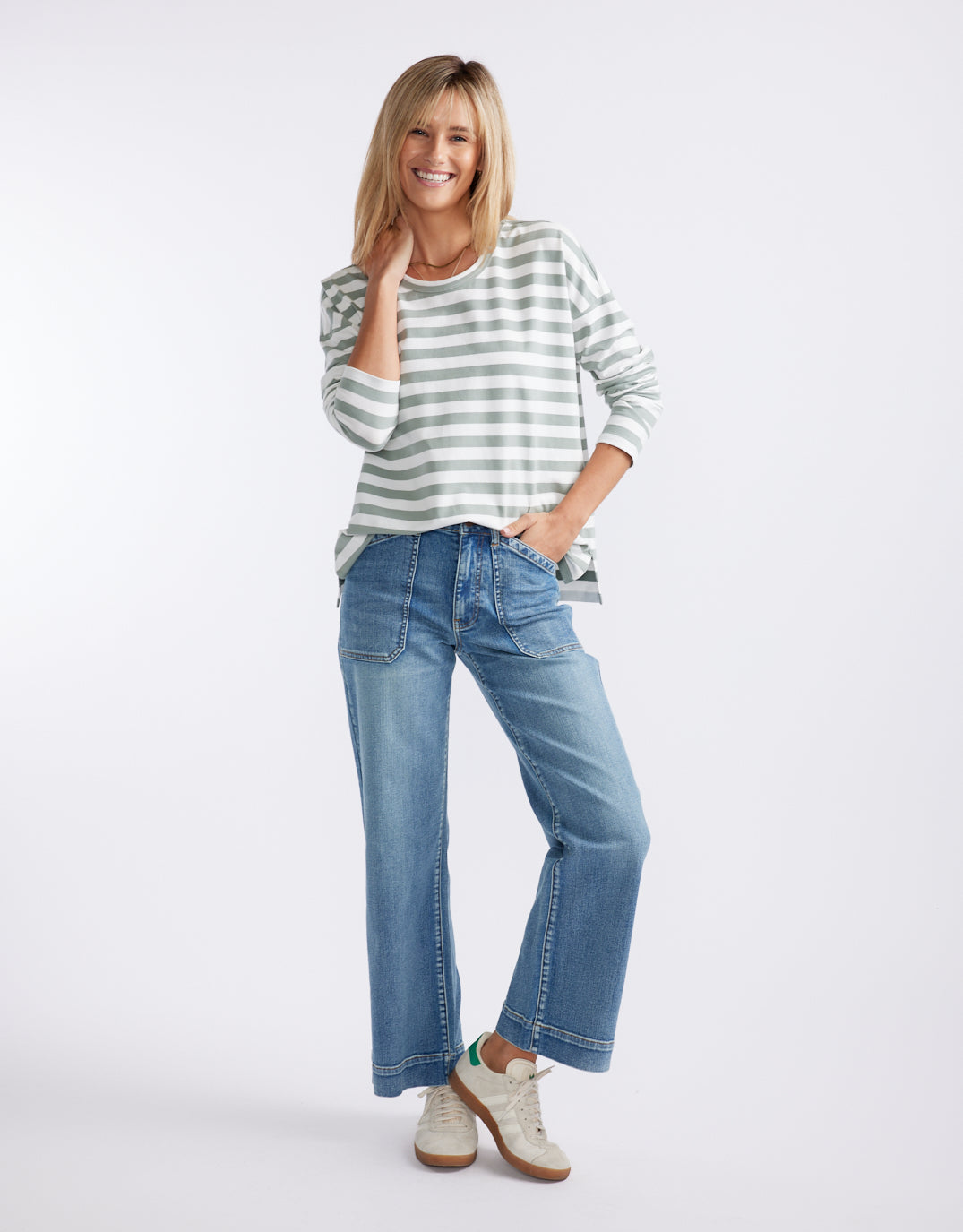 Relaxed Long Sleeve T-Shirt - Sage/Cream