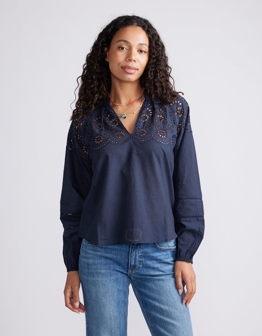 Fleur Broderie Blouse - Navy