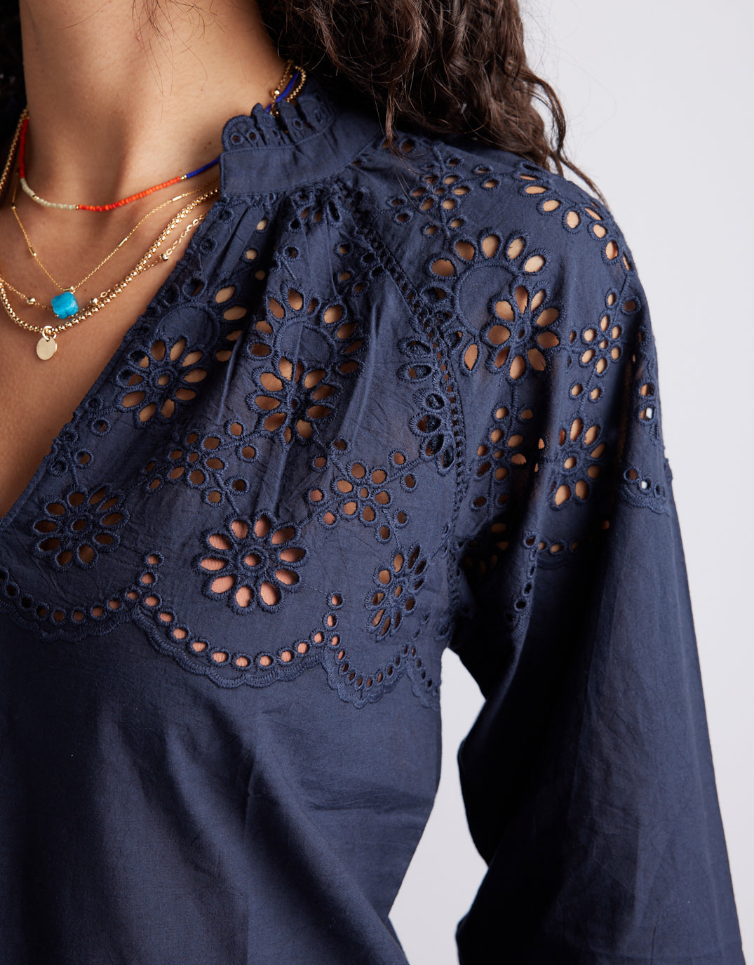 Fleur Broderie Blouse - Navy