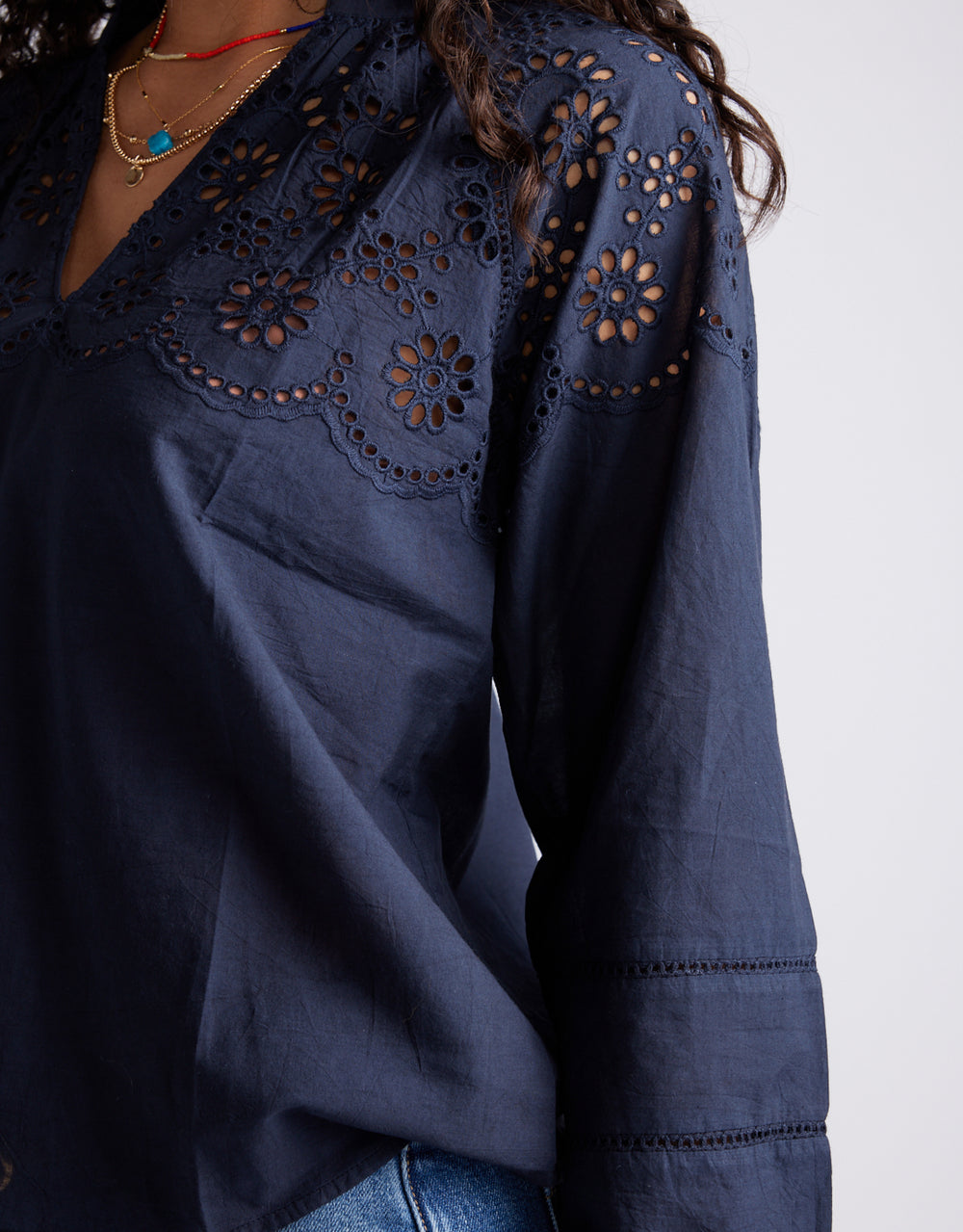 Fleur Broderie Blouse - Navy