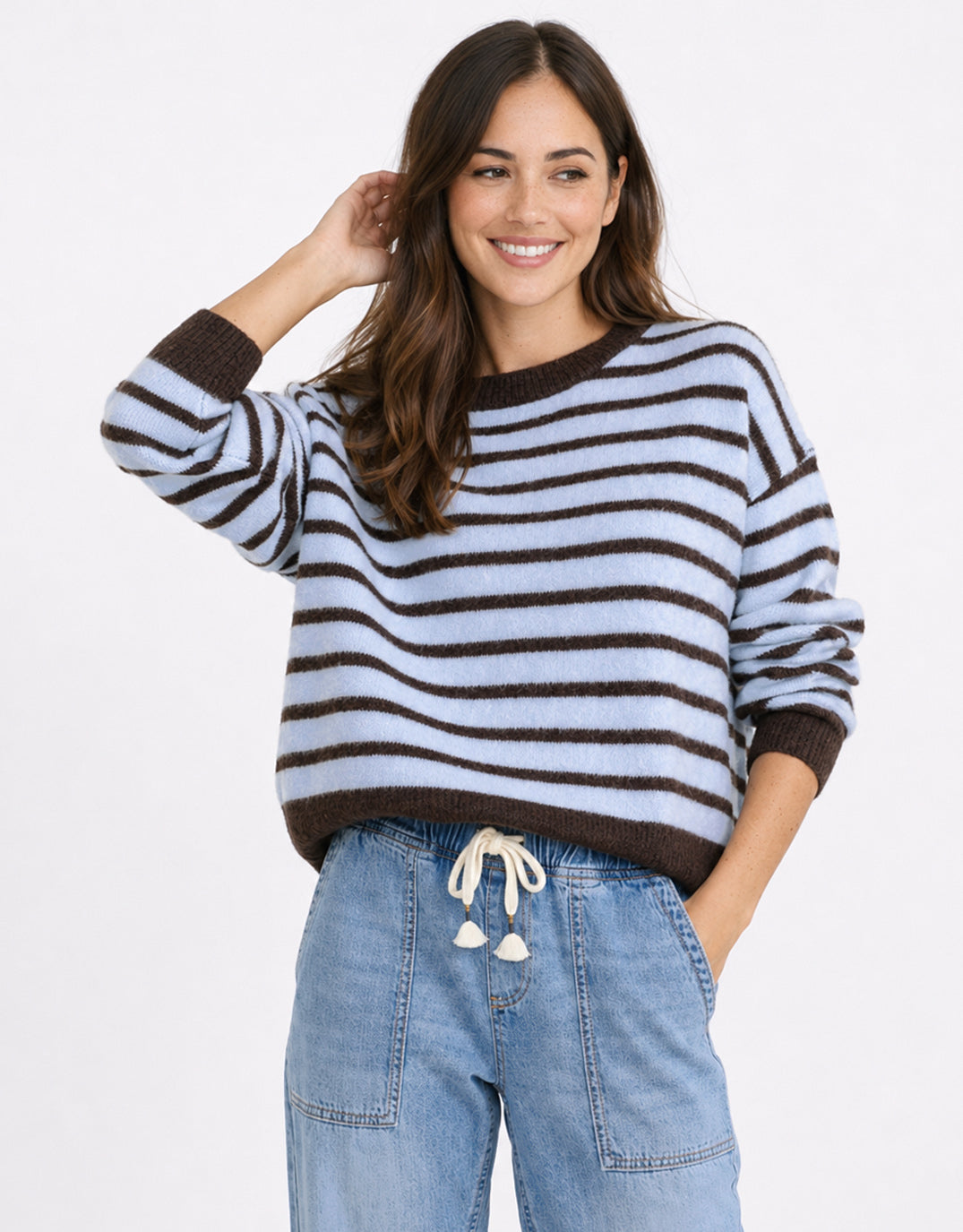 Zara Woolblend Stripe Contrast Knit - Blue/Chocolate