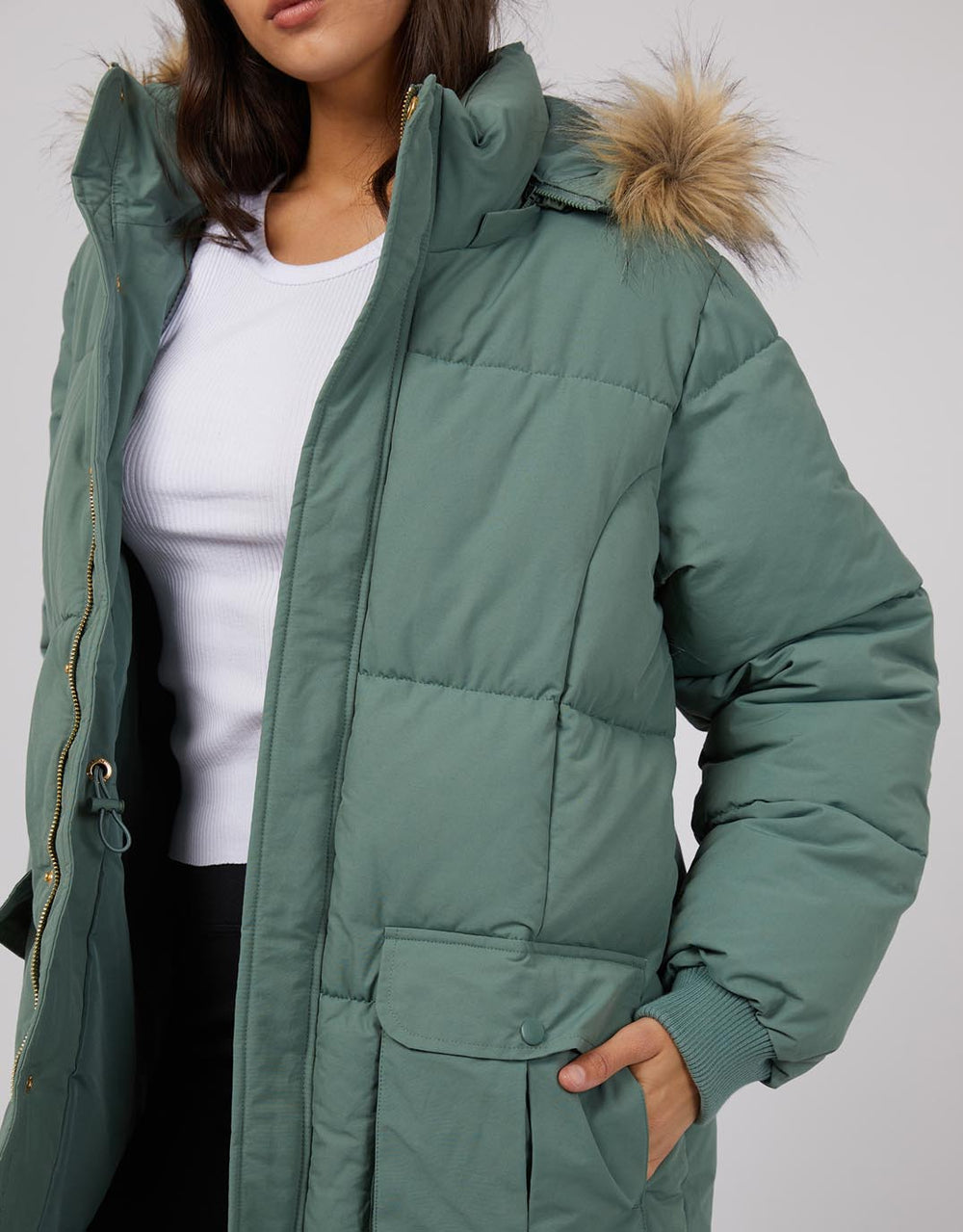 all-about-eve-active-fur-longline-puffer-green-womens-clothing
