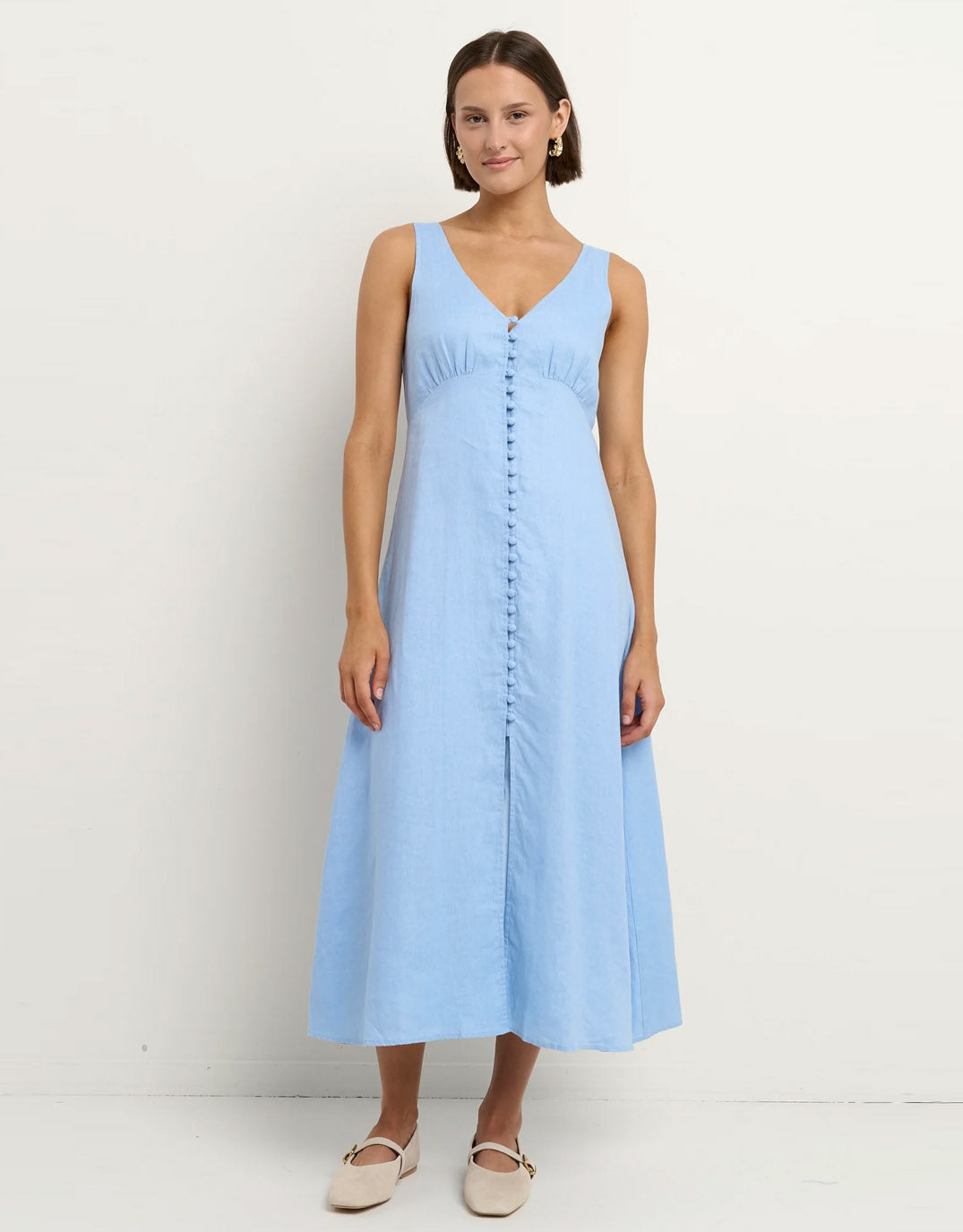 knee length dresses for ladies Black Linen Midi Dress with Shirred Bodice
