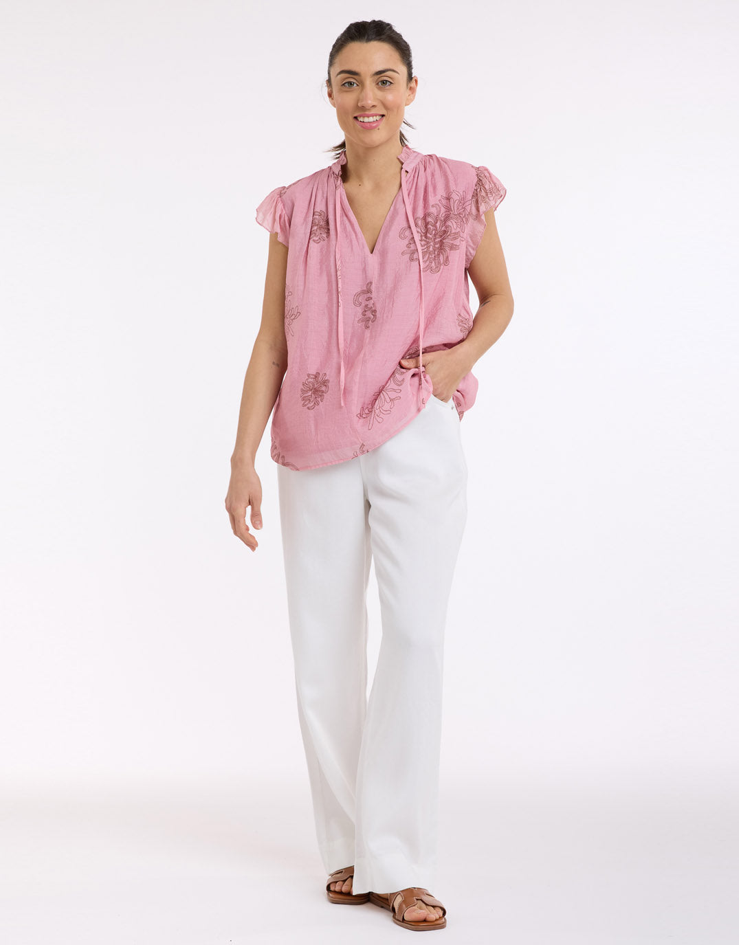 beautiful-stories-frill-neck-top-choc-pink-womens-clothing