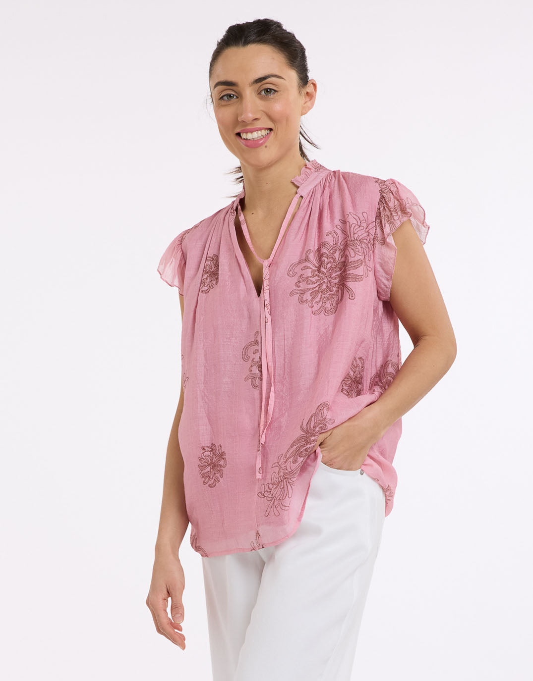 beautiful-stories-frill-neck-top-choc-pink-womens-clothing