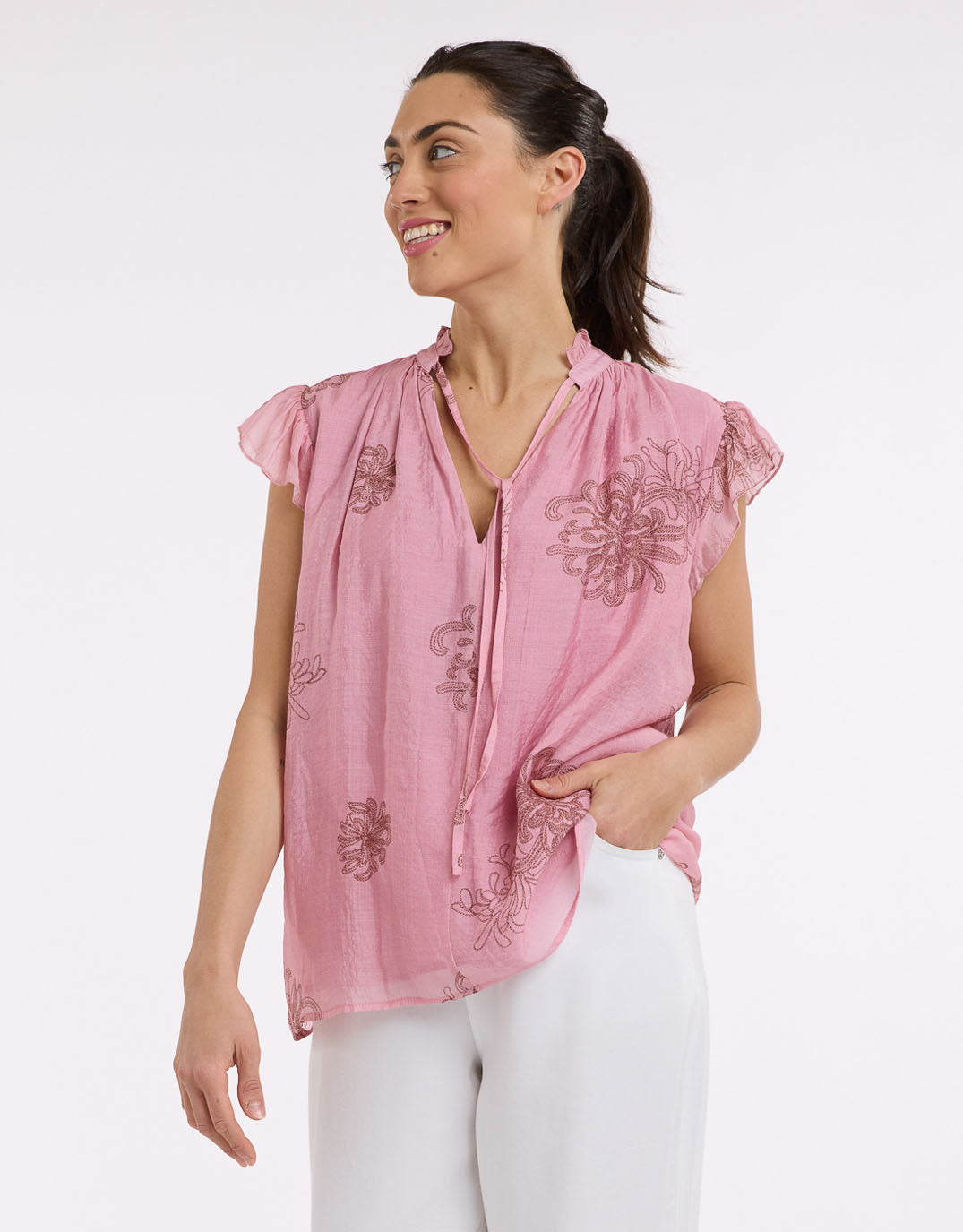 beautiful-stories-frill-neck-top-choc-pink-womens-clothing