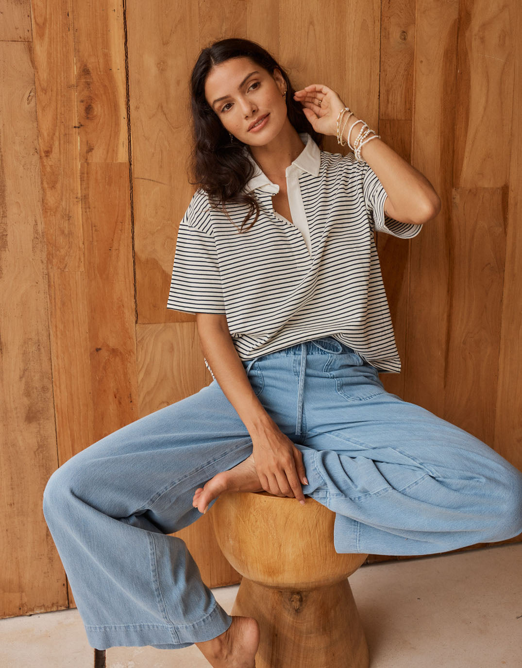 Freddy Polo Top - White/Navy Stripe