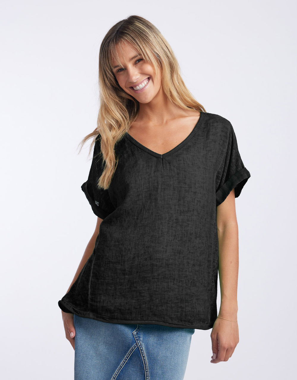 Calypso Linen Short Sleeve Top - Black