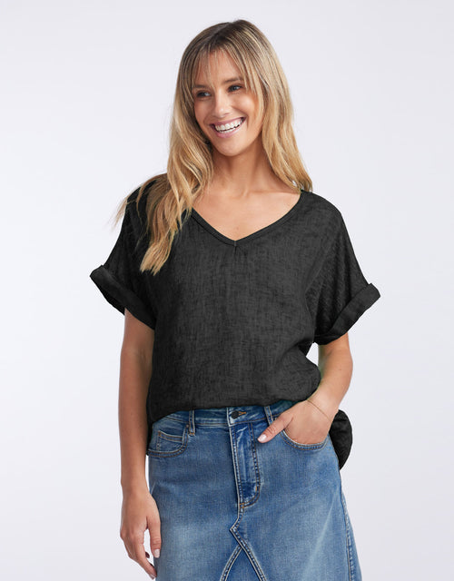 Calypso Linen Short Sleeve Top - Black