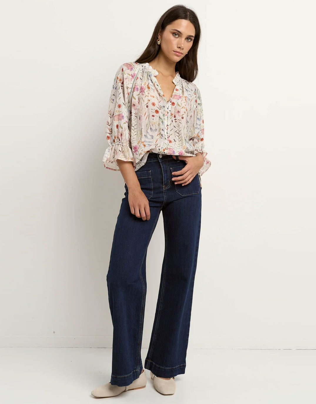 by-rosa-encounter-gathered-button-front-top-cream-floral-womens-clothing