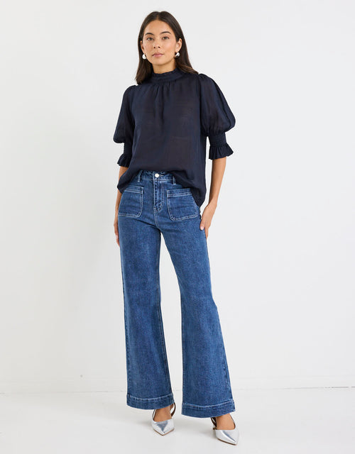 by-rosa-verse-sheer-high-neck-short-sleeve-top-navy-womens-clothing