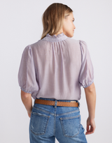 Camden Ruffle Blouse - Blue/Choc Stripe