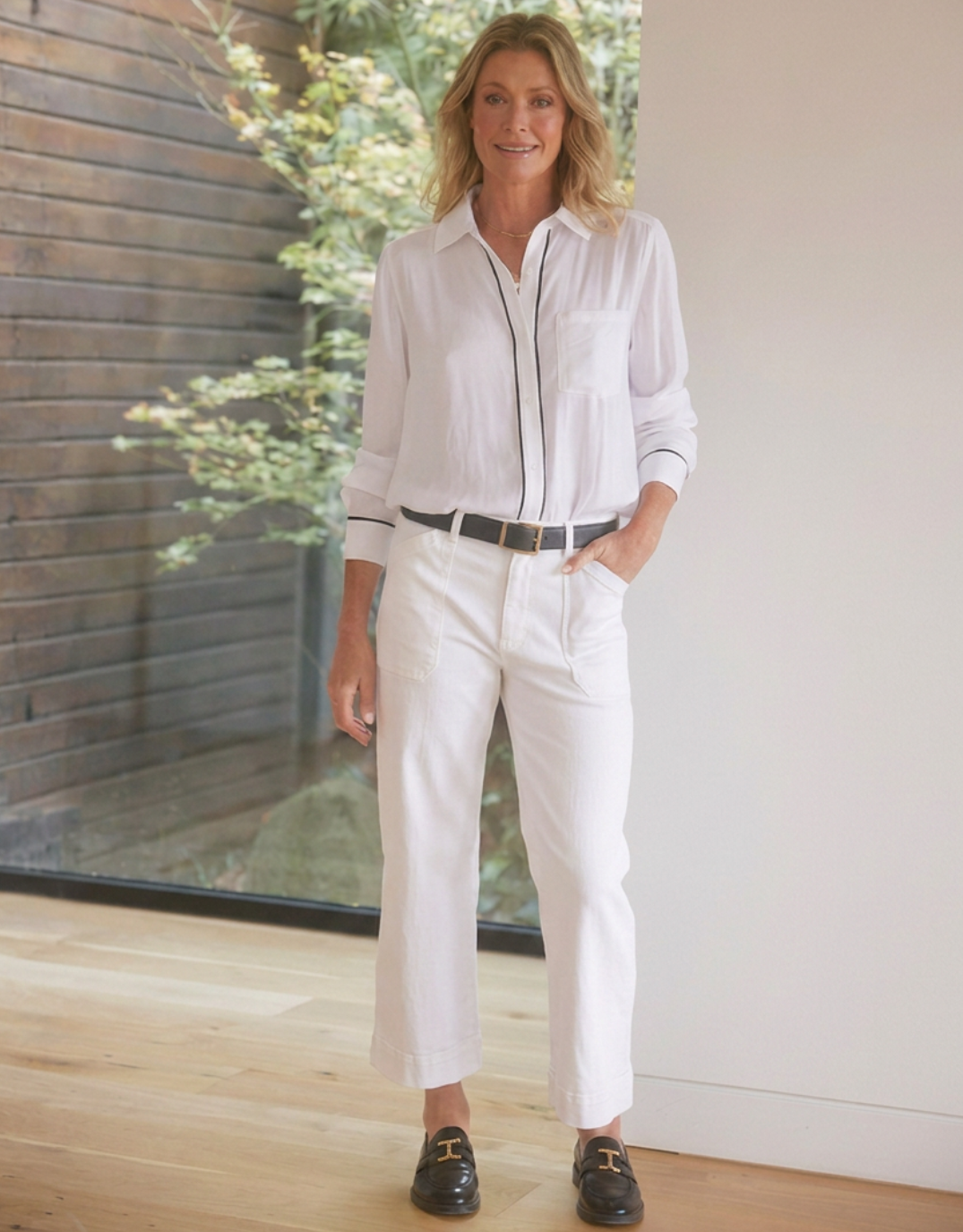 Charlize Drape Shirt - White/Black Piping