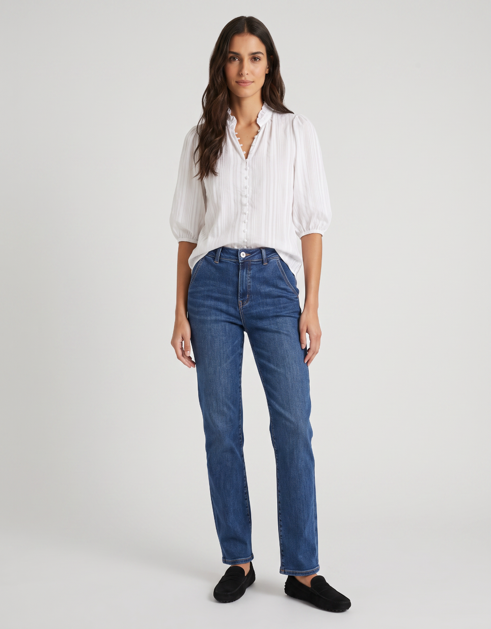 Continuance Self Stripe Button Through Mid Sleeve Top - Ivory