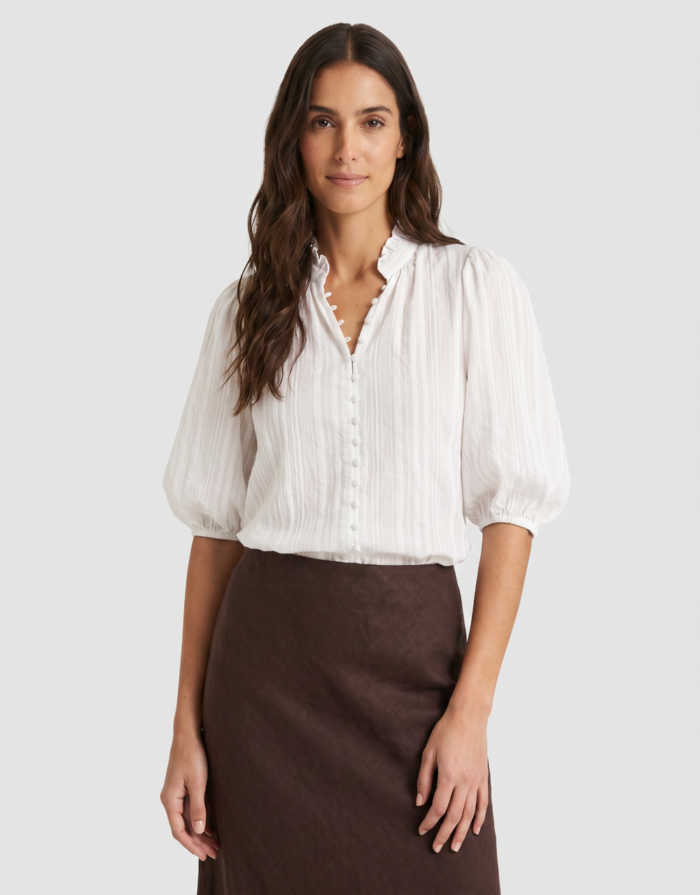 Continuance Self Stripe Button Through Mid Sleeve Top - Ivory