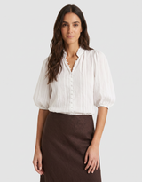 Continuance Self Stripe Button Through Mid Sleeve Top - Ivory
