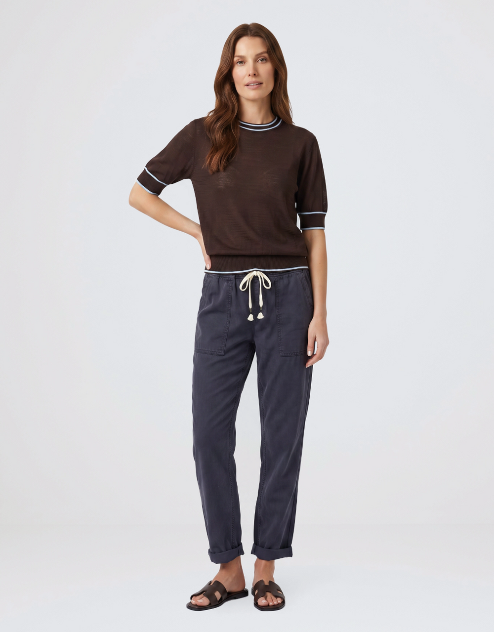 Contrast Trim Knit Top - Choc/Blue