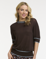 Contrast Trim Knit Top - Choc/Blue