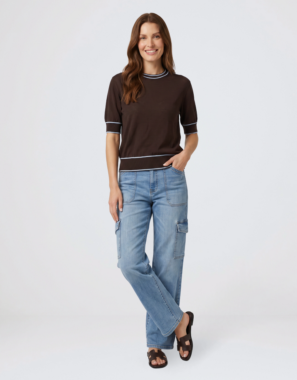 Contrast Trim Knit Top - Choc/Blue