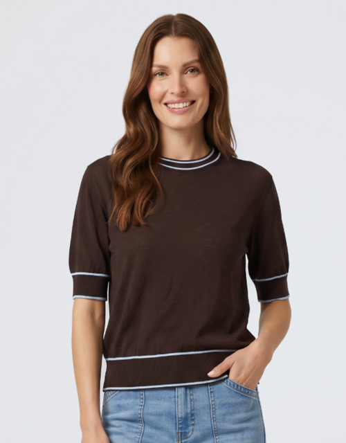 Contrast Trim Knit Top - Choc/Blue