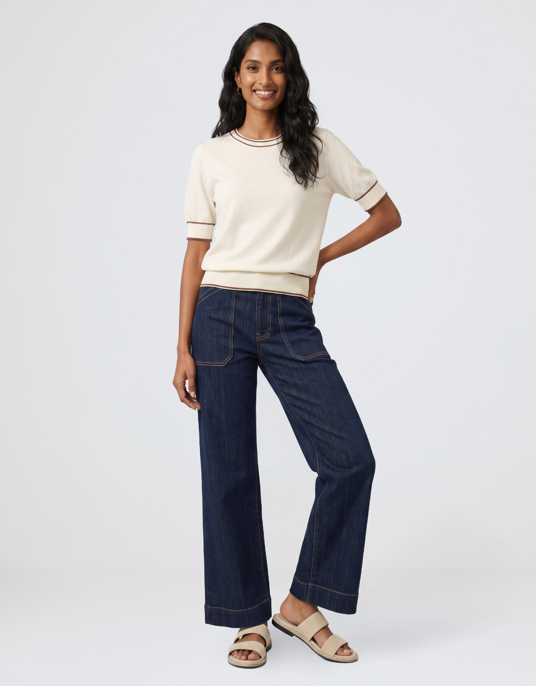 Contrast Trim Knit Top - Cream/Caramel