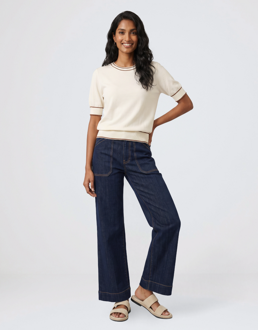 Contrast Trim Knit Top - Cream/Caramel
