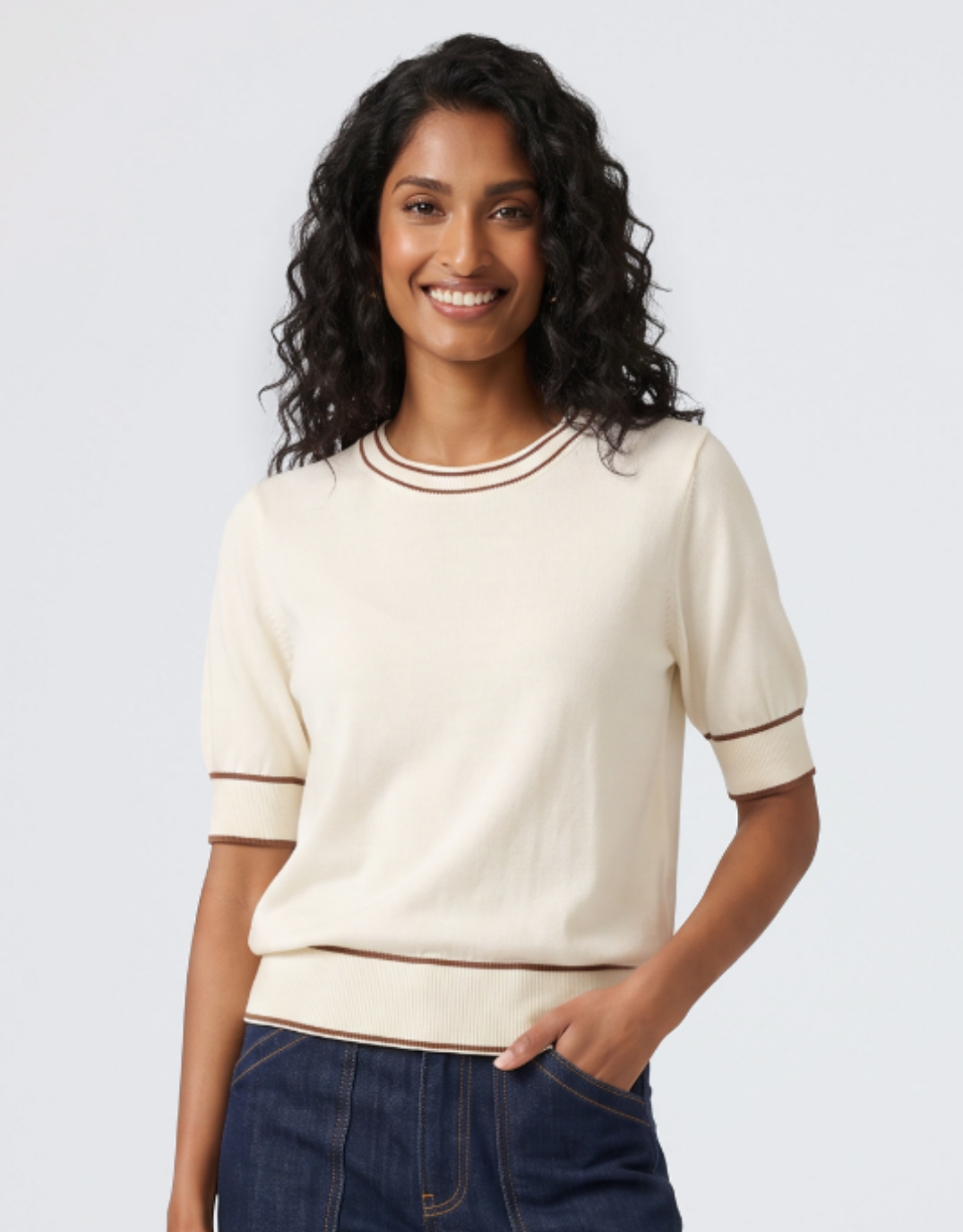 Contrast Trim Knit Top - Cream/Caramel