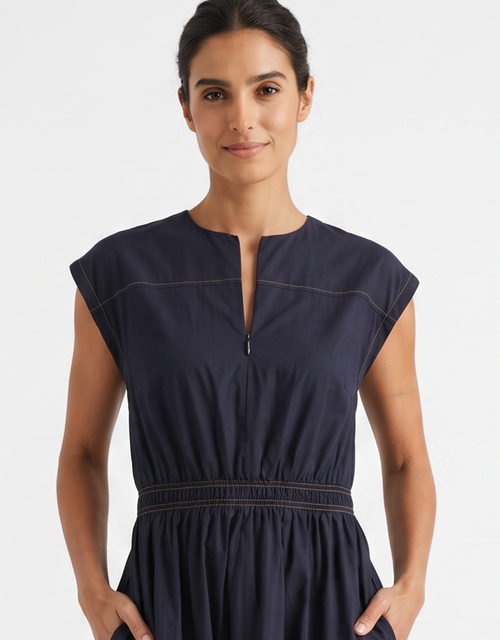 Cooper Contrast Stitch Dress - Navy/Tan