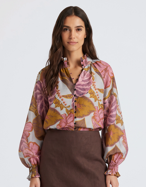 Daria Shirred Blouse - Leaf Print