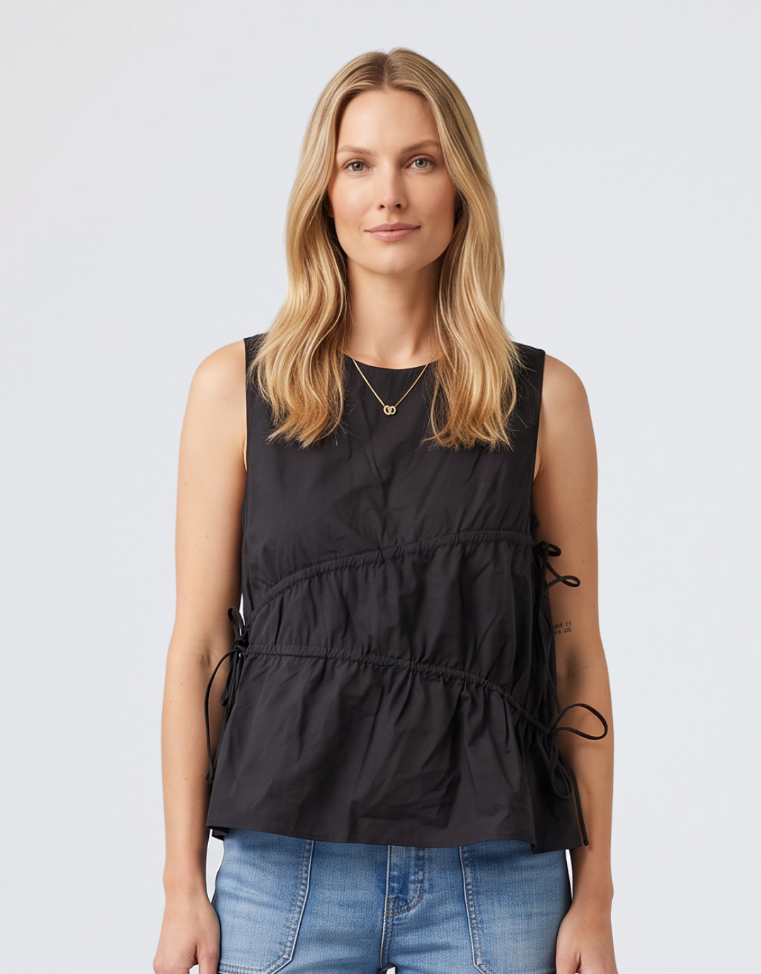 Elin Gathered Tie Top - Black