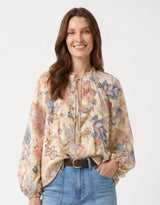 Eloise Tie Neck Floral Blouse - Natural/Multi