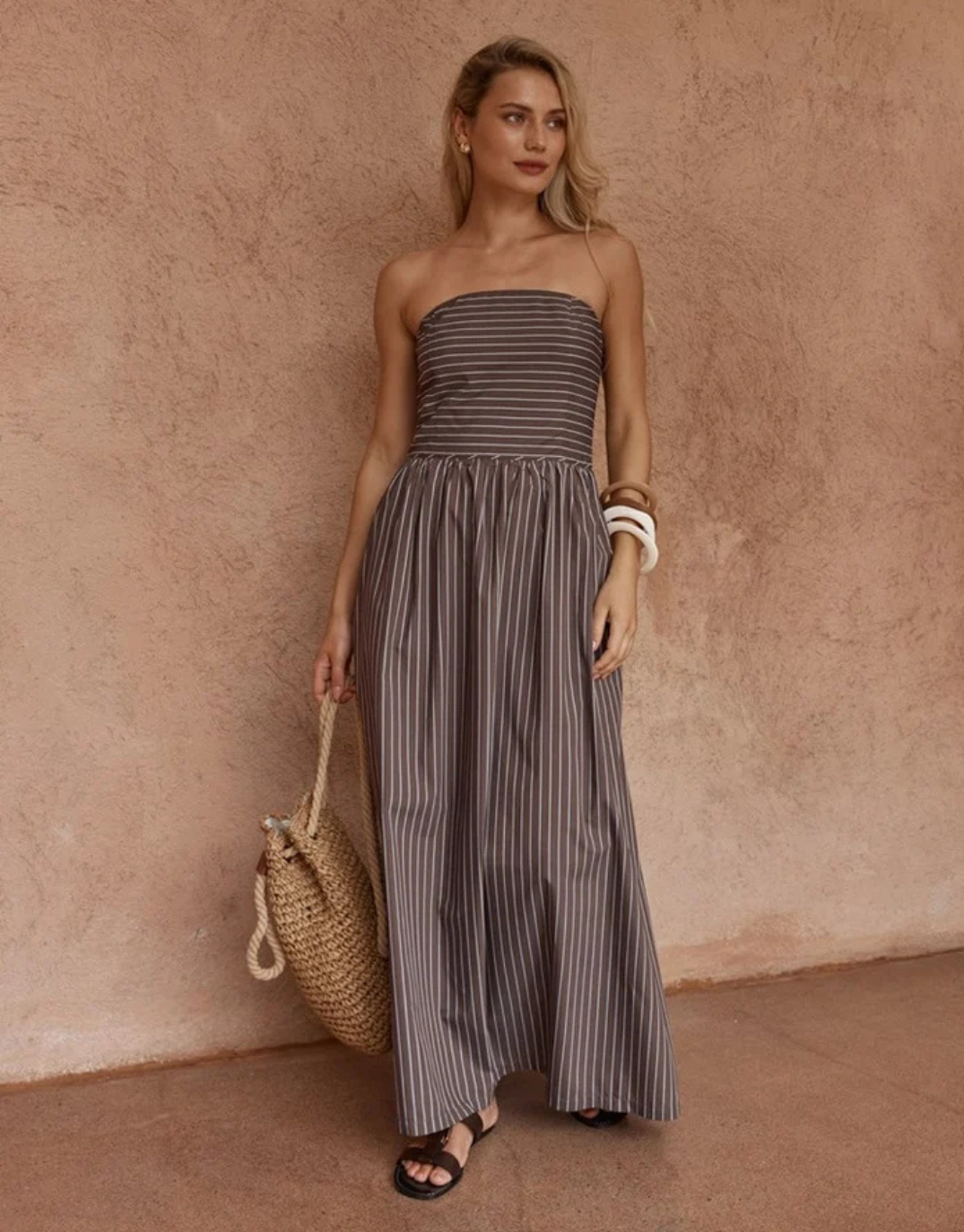 Everley Strapless Dress - Choc Stripe
