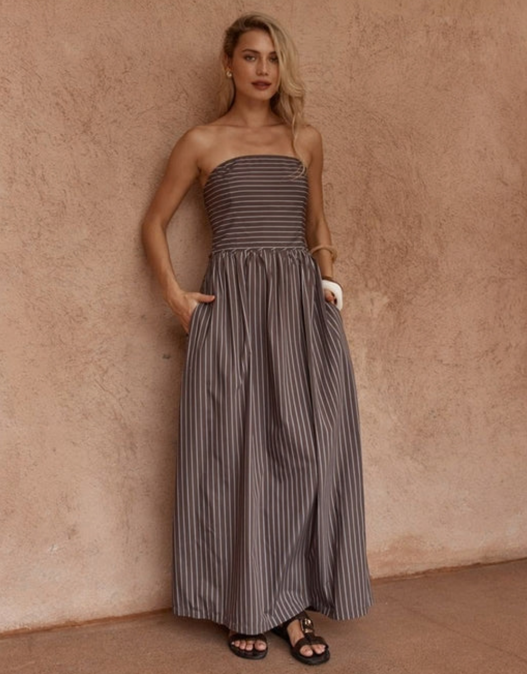 Everley Strapless Dress - Choc Stripe