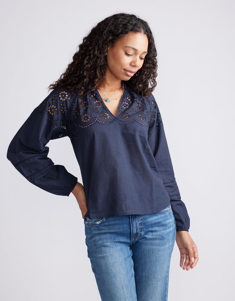Fleur Broderie Blouse - Navy