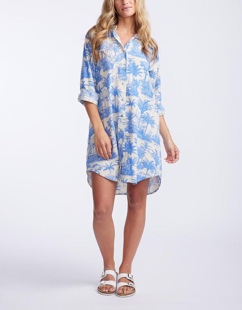 florencia-blanca-mini-shirt-dress-blue-palm-print-womens-clothing