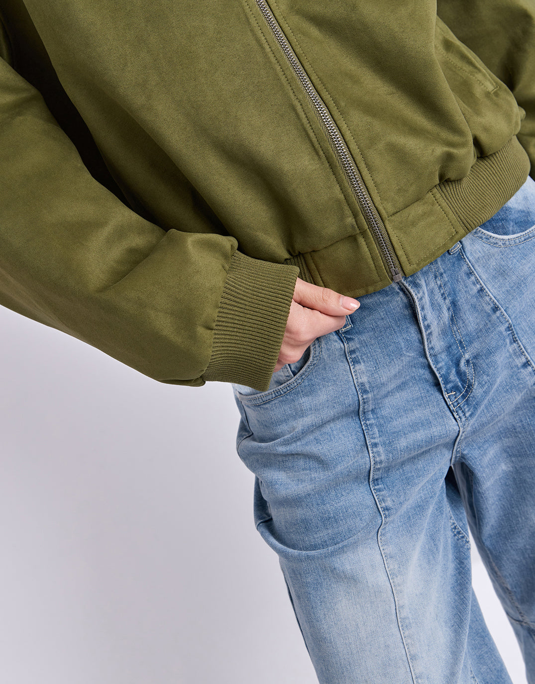 Evie Suede Bomber - Olive