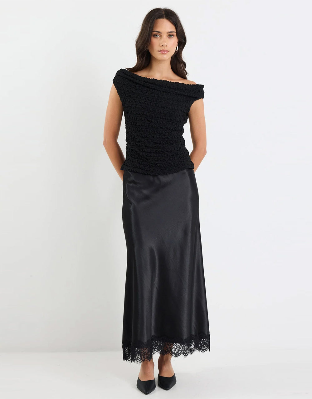Margarita Satin Lace Trim Bias Maxi Skirt - Black