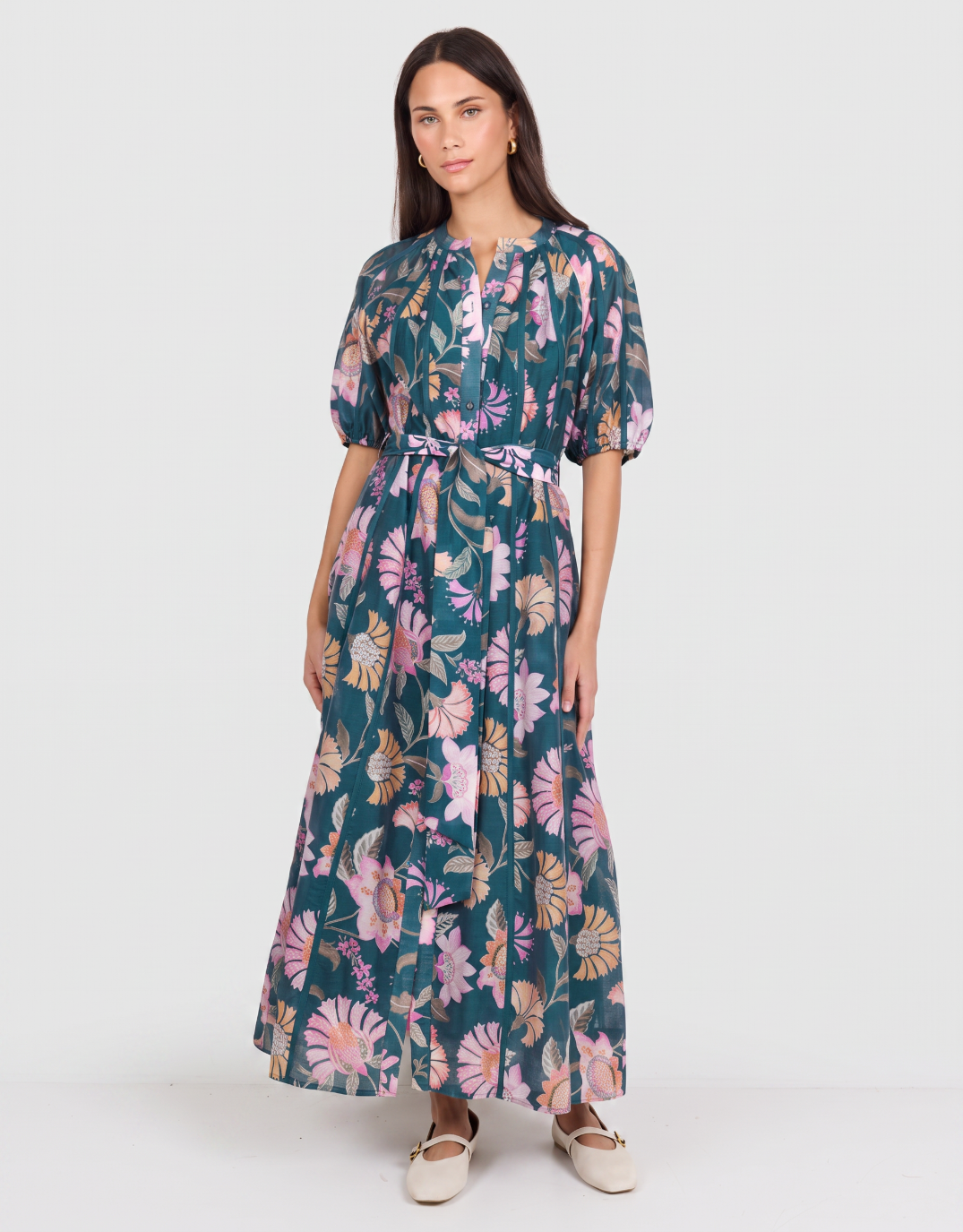 Intuition Scarf Print Puff Sleeve Maxi Shirt Dress - Petrol